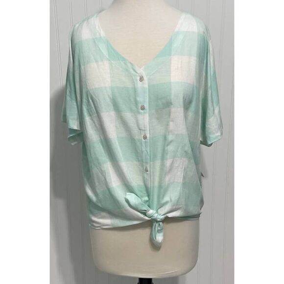 Style & Co. Gingham Tie Front Short Sleeve Button Up Linen Top Mint White Medium - Picture 12 of 12